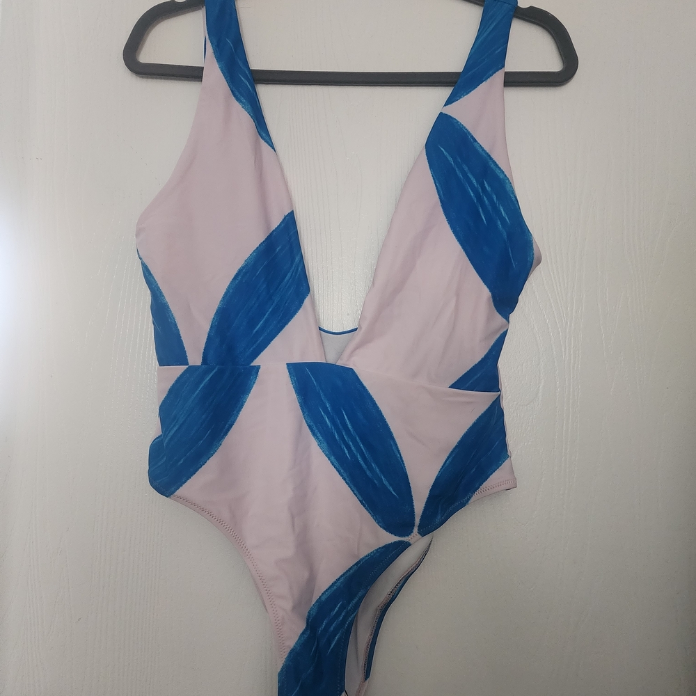 Deep V Blue And Pink One Piece Swimsuit With Tie Belt